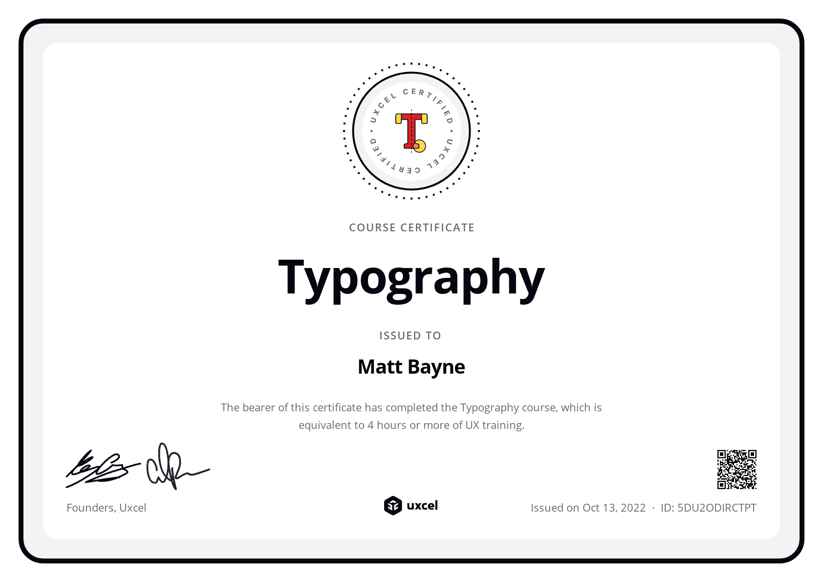 Matt Bayne's certificate